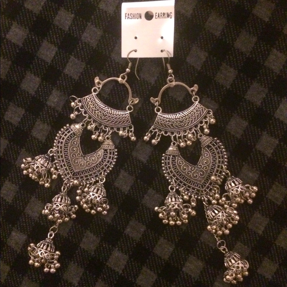 Indian oxidized silver dangle earrings.